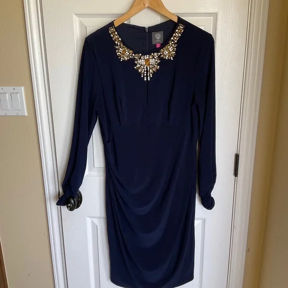 navy blue vince camuto dress VINCE CAMUTO Womens Navy Stretch Tie Zippered Ruched Back 3/4 Sleeve Round Neck Midi Wear To Work Faux Wrap Dress Plus 22W